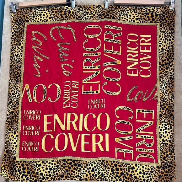 ENRICO COVERI Printed Silk Leopard and Logo Scarf - Picture 1 of 6